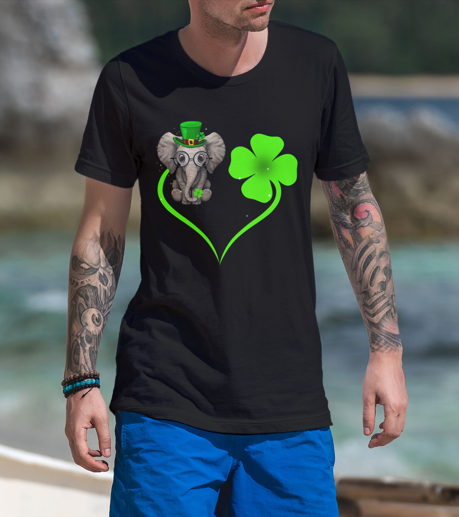 Elephant Wearing St. Patrick's Day Hat With Four-Leaf Clover And Heart-Shaped Shamrock Love T-Shirt