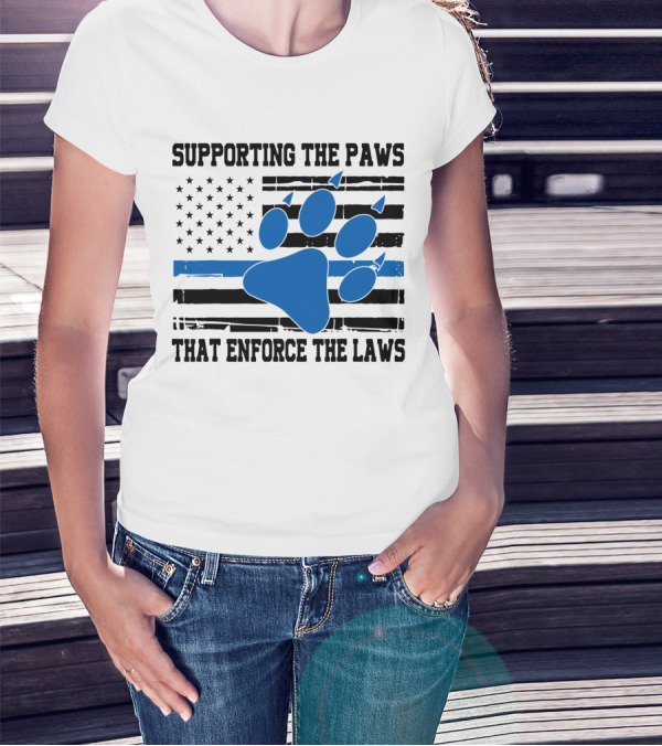 Supporting The Paws That Enforce The Laws American Flag Blue Paw Prints T-Shirt