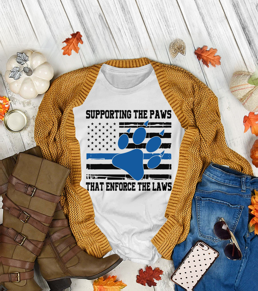 Supporting the Paws that Enforce the Laws American Flag Blue Paw Prints T-Shirt