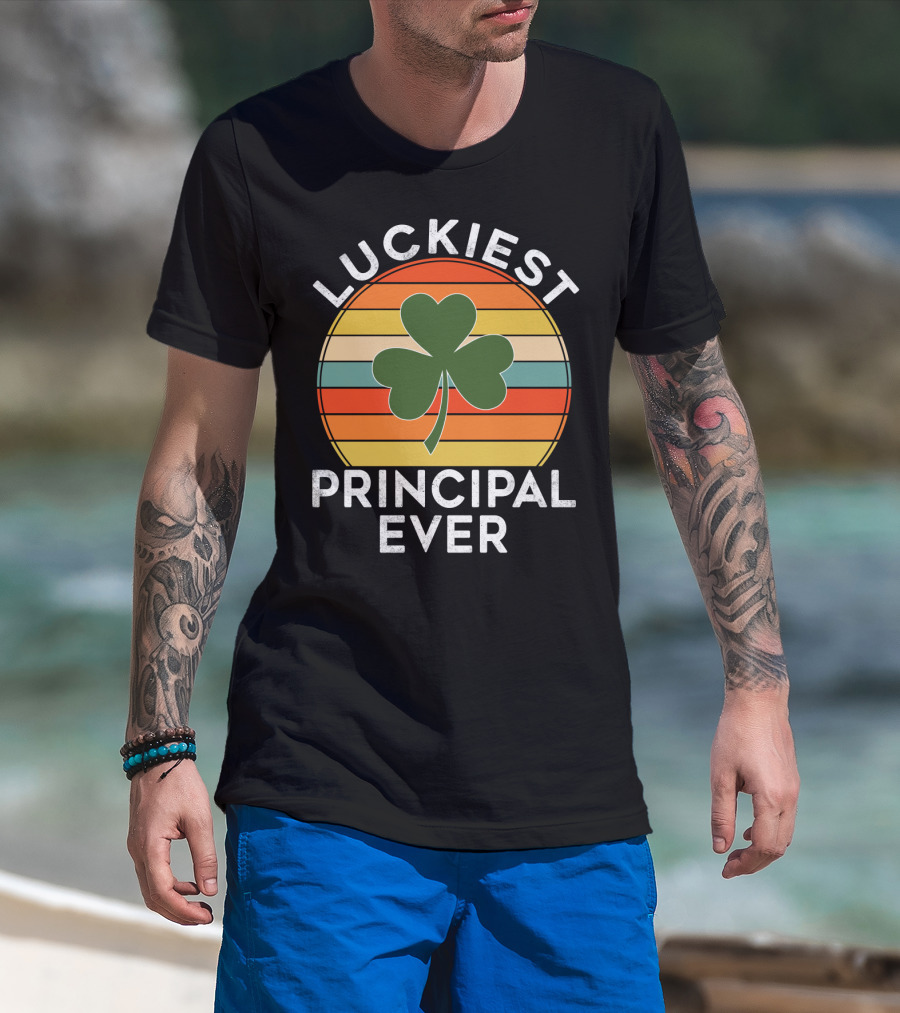 Luckiest Principal Ever Shamrock Retro Stripes T-Shirt