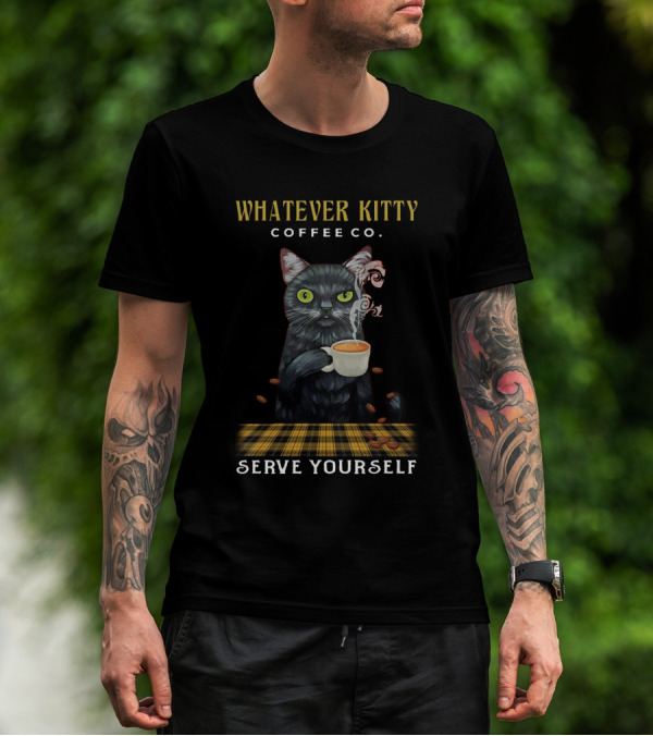Whatever Kitty Coffee Co Serve Yourself Cat Cup Steam Plaid Beans T-Shirt