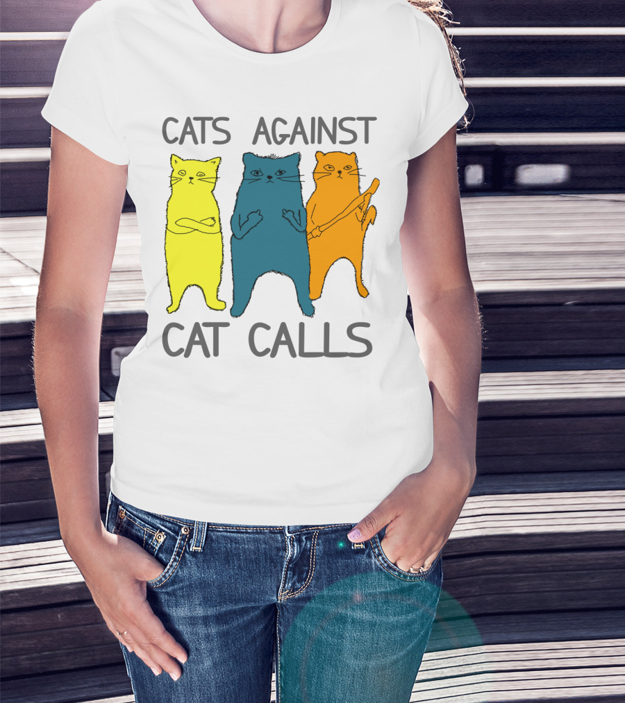 CATS AGAINST CAT CALLS Three Colorful Cats United Stance T-Shirt