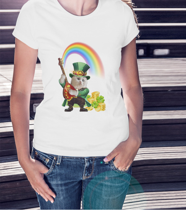 Cat Playing Guitar In Leprechaun Outfit With Rainbow And Gold Coins T-Shirt