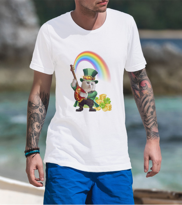 Cat Playing Guitar In Leprechaun Outfit With Rainbow And Gold Coins T-Shirt