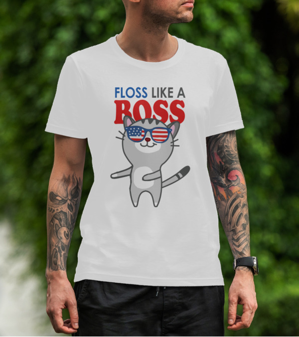 Floss Like A Boss Cat With American Flag Sunglasses T-Shirt