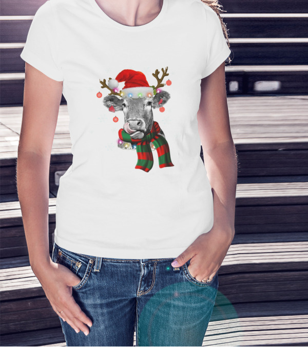 Cows Reindeer Santa Claus Christmas Lights Scarf Antlers Snowflakes Ornaments T-Shirt