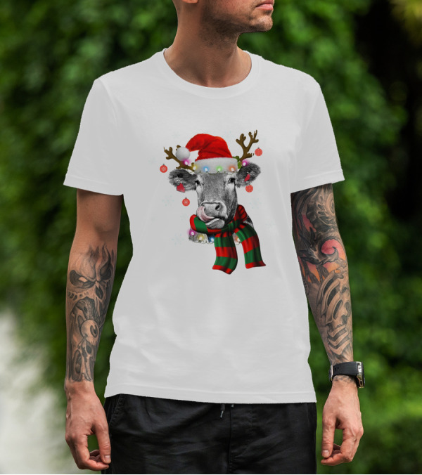 Cows Reindeer Santa Claus Christmas Lights Scarf Antlers Snowflakes Ornaments T-Shirt