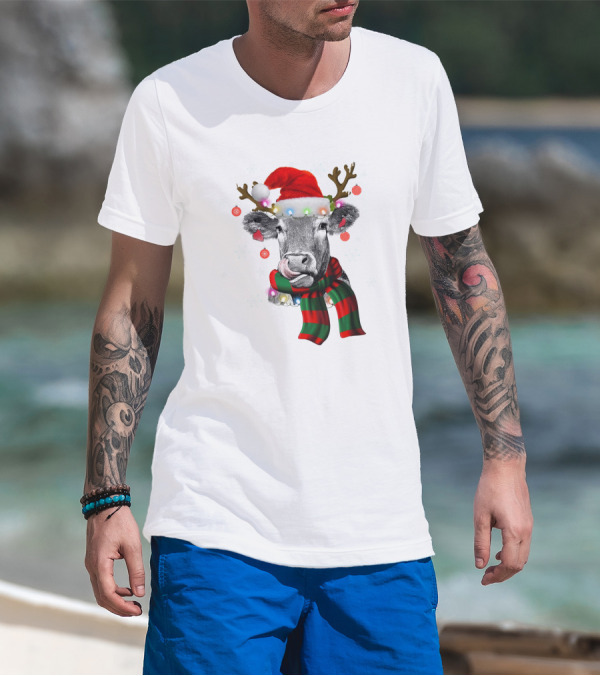 Cows Reindeer Santa Claus Christmas Lights Scarf Antlers Snowflakes Ornaments T-Shirt