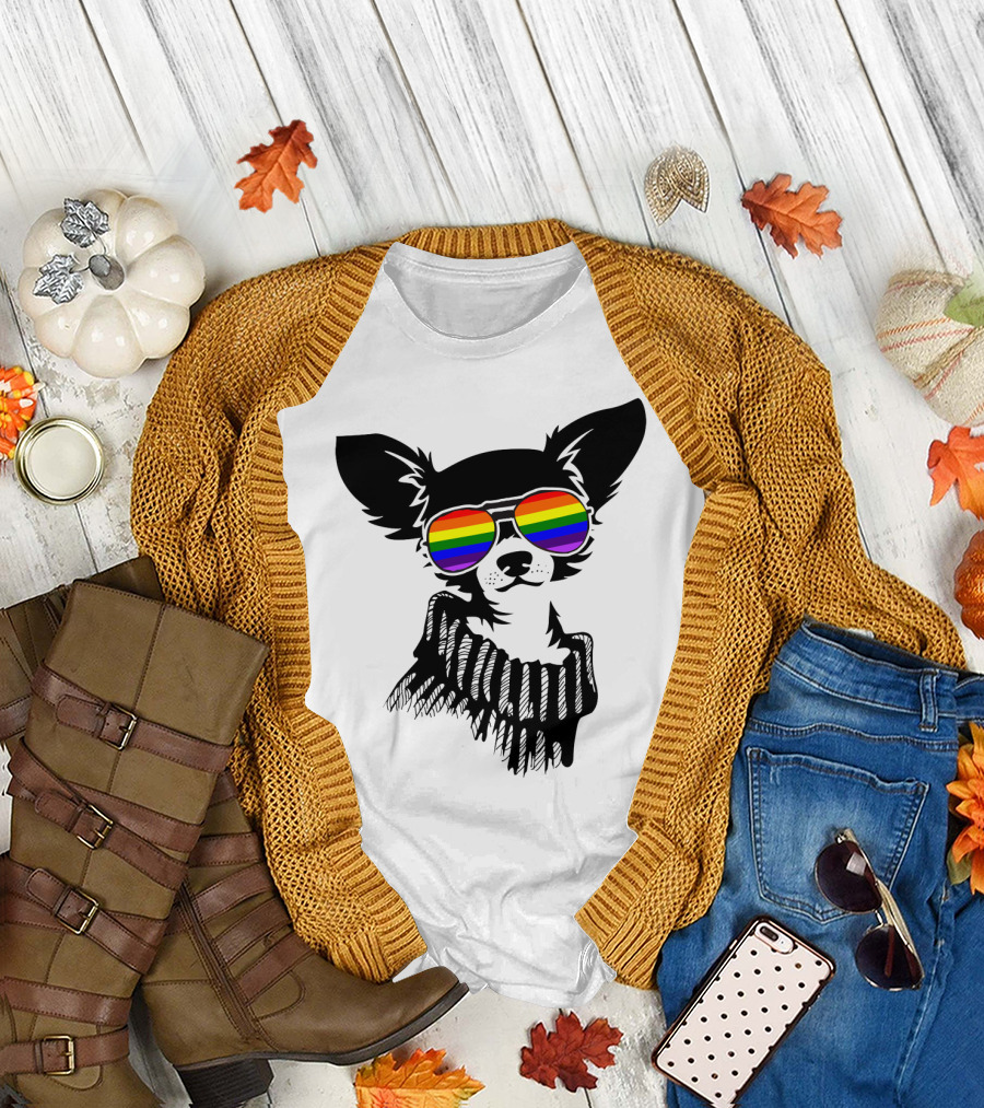 Pride Rainbow Sunglasses Chihuahua Dog T-Shirt