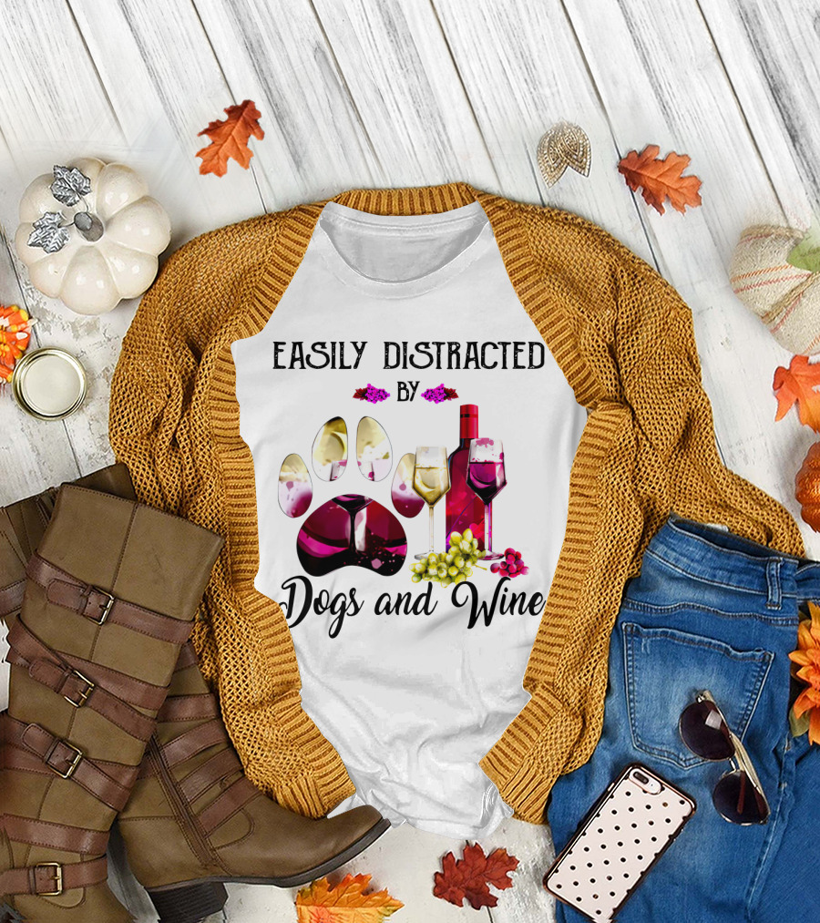 Easily Distracted by Dogs and Wine Paw Print with Bottle and Glasses T-Shirt