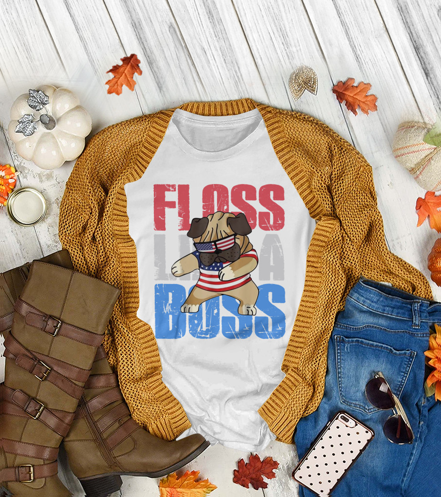 Floss Like a Boss American Flag Bulldog with Sunglasses T-Shirt