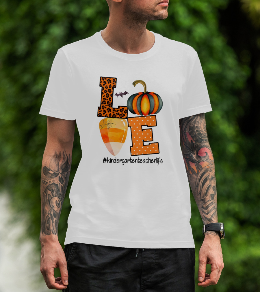 Love Kindergarten Teacher Life Halloween Pumpkin Candy Corn Leopard Print T-Shirt