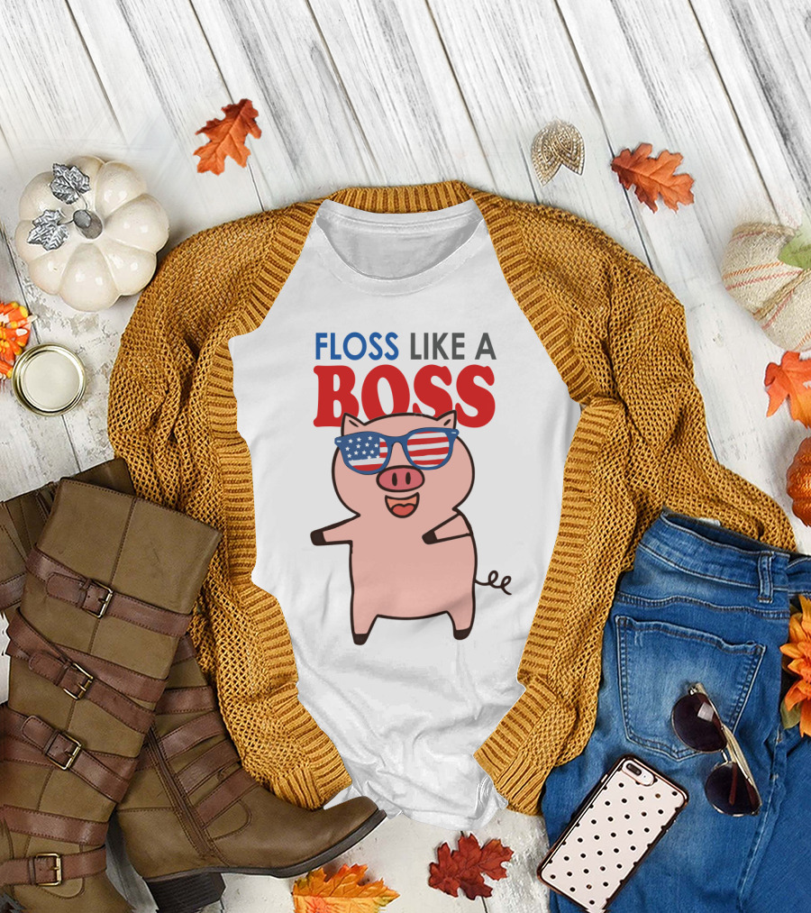 Floss Like a Boss Pig with American Flag Sunglasses T-Shirt