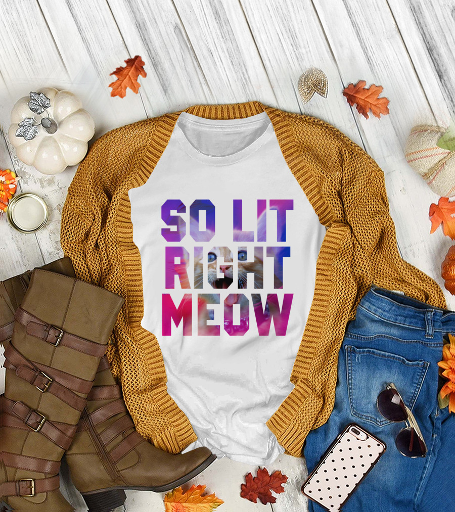 SO LIT RIGHT MEOW Cat Typography T-Shirt
