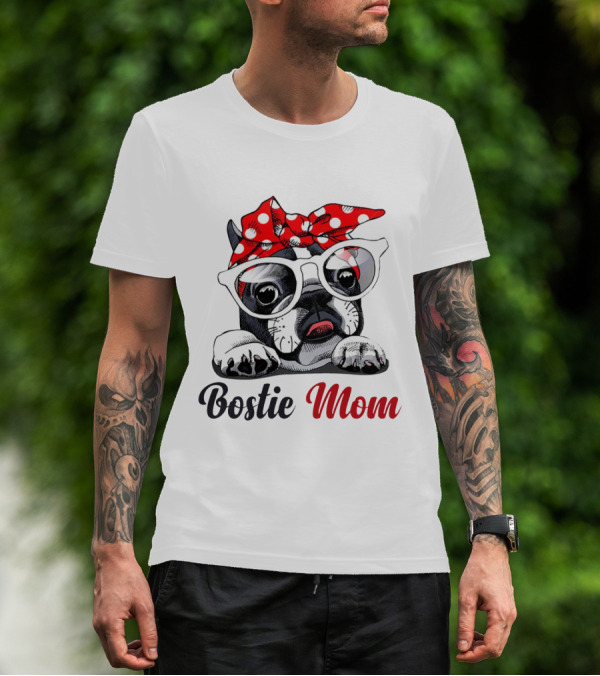 Bostie Mom Glasses And Red Polka Dot Headband Dog T-Shirt