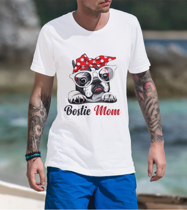 Bostie Mom Glasses And Red Polka Dot Headband Dog T-Shirt