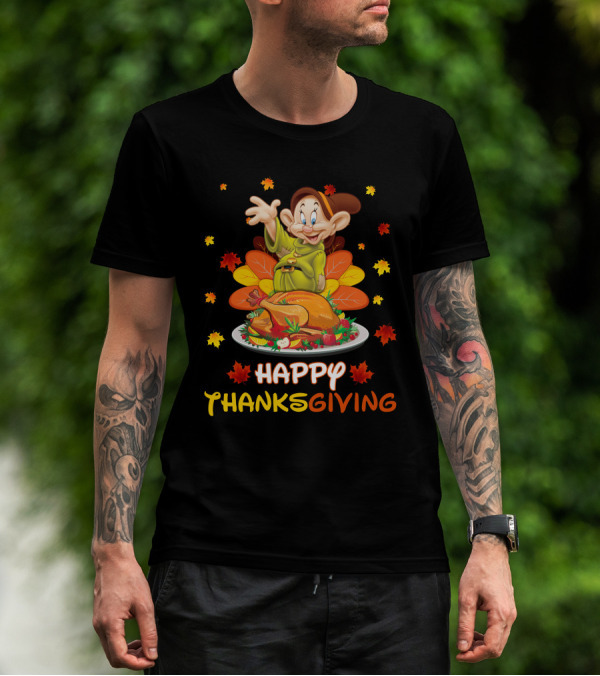 Dopey Happy Thanksgiving With Turkey And Autumn Leaves T-Shirt