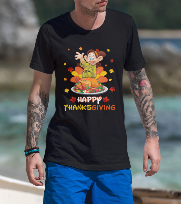 Dopey Happy Thanksgiving With Turkey And Autumn Leaves T-Shirt