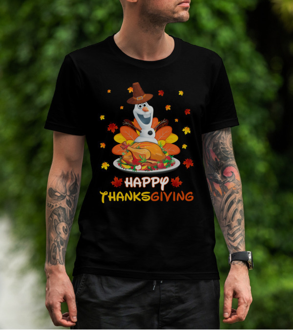 Olaf Turkey Happy Thanksgiving With Autumn Leaves And Pumpkin Pie T-Shirt