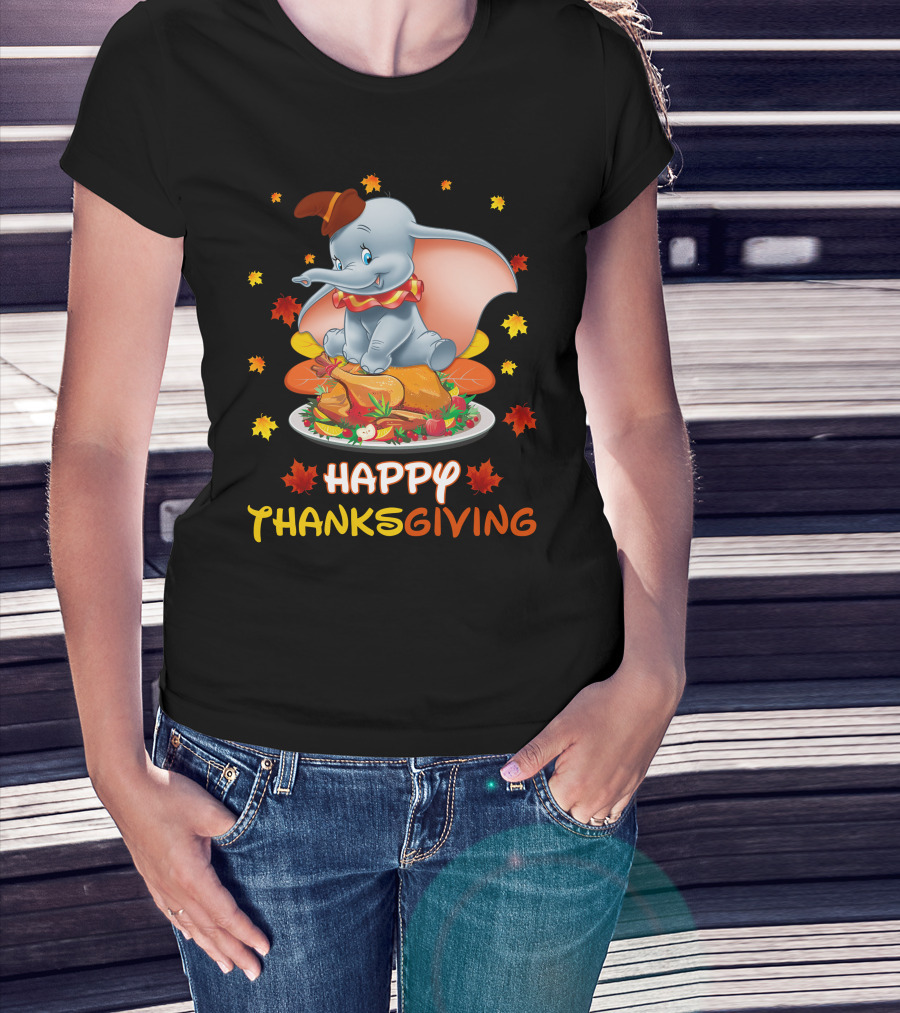Happy Thanksgiving Dumbo Turkey Autumn Leaves T-Shirt