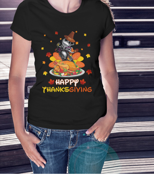 Happy Thanksgiving Skeleton With Turkey And Autumn Leaves T-Shirt