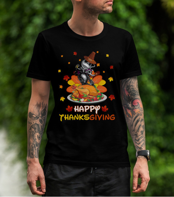Happy Thanksgiving Skeleton With Turkey And Autumn Leaves T-Shirt