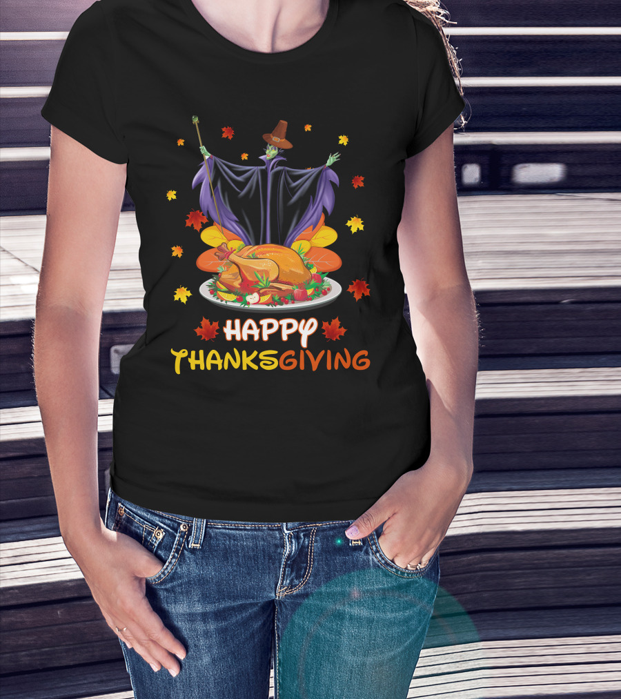 Happy Thanksgiving Maleficent Turkey Feast Magic Leaves T-Shirt