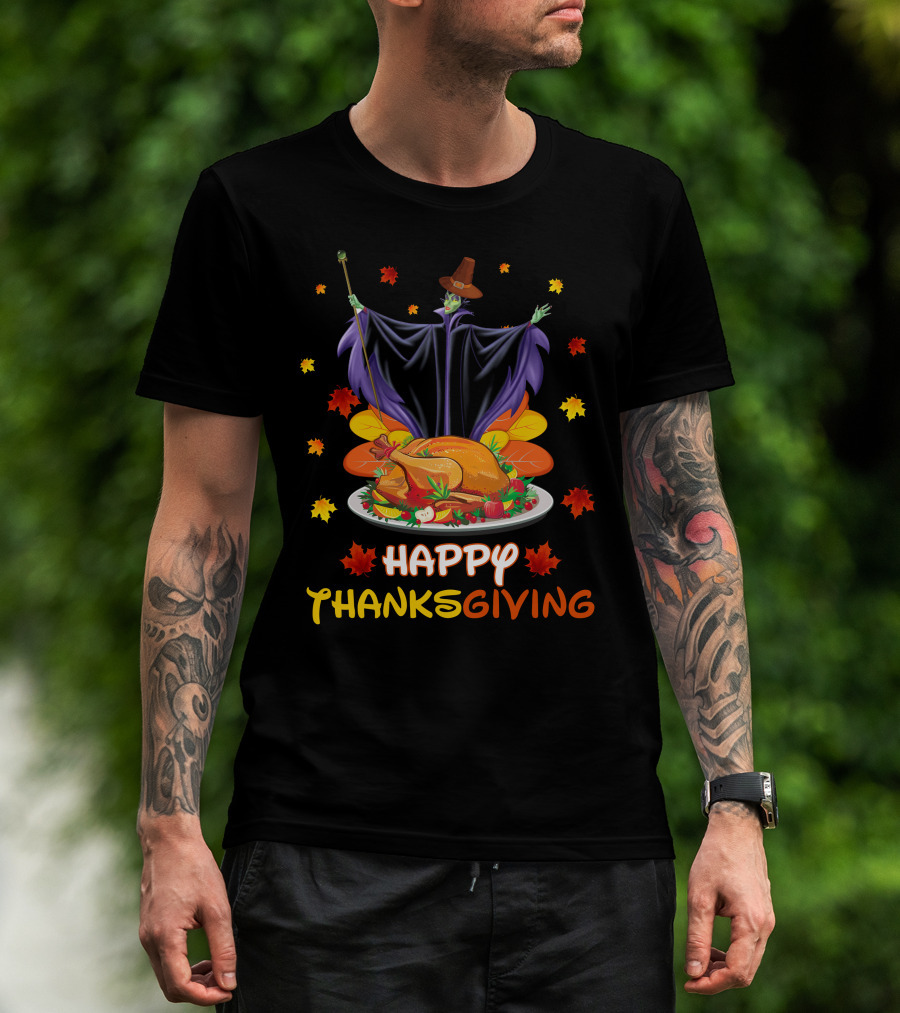 Happy Thanksgiving Maleficent Turkey Feast Magic Leaves T-Shirt