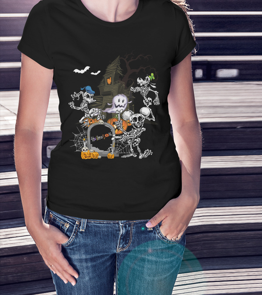 Haunted House Skeleton Dance With Ghost Webs Pumpkins And Bats Halloween T-Shirt