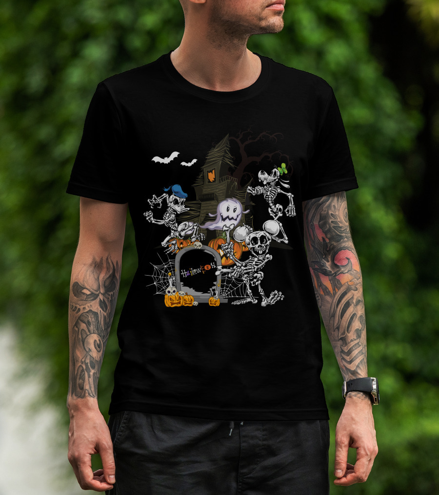 Haunted House Skeleton Dance With Ghost Webs Pumpkins And Bats Halloween T-Shirt