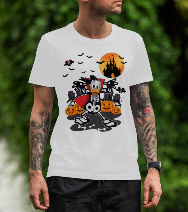 Donald Duck Halloween Skeleton Costume With Bats And Castle T-Shirt