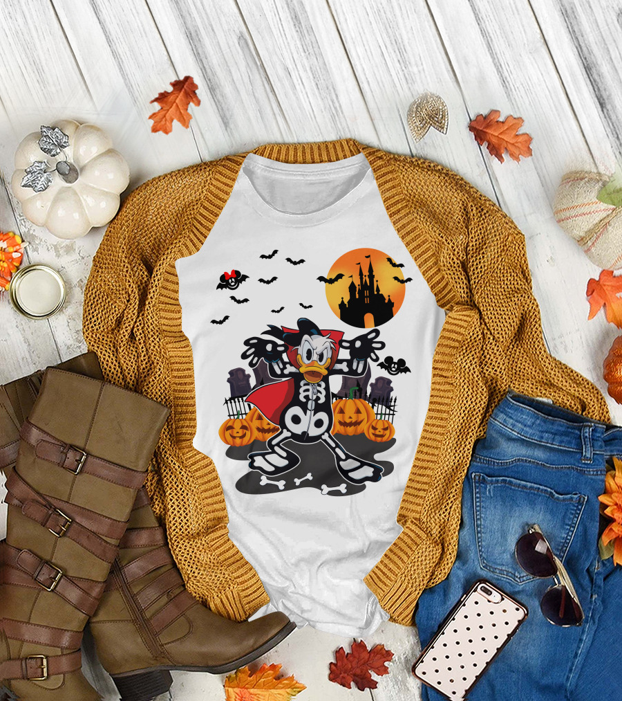 Donald Duck Halloween Skeleton Costume with Bats and Castle T-Shirt