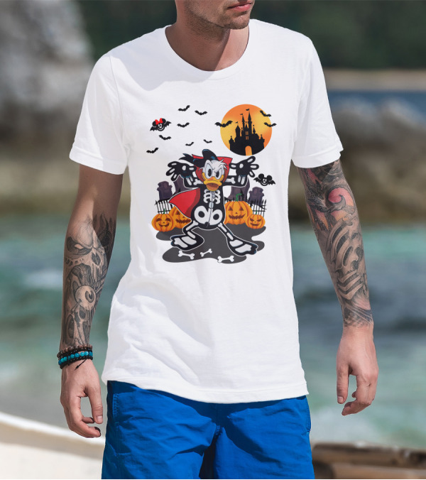 Donald Duck Halloween Skeleton Costume With Bats And Castle T-Shirt