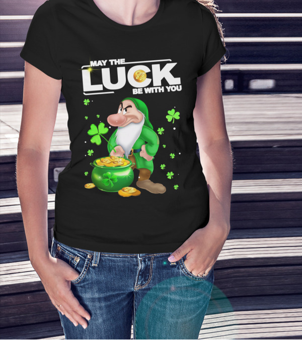 MAY THE LUCK BE WITH YOU Grumpy Gnome With Coins And Clovers T-Shirt