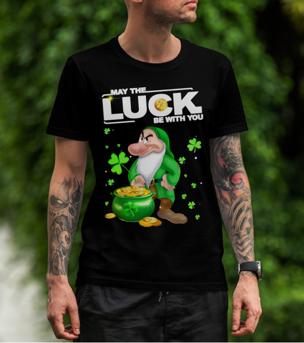 MAY THE LUCK BE WITH YOU Grumpy Gnome With Coins And Clovers T-Shirt