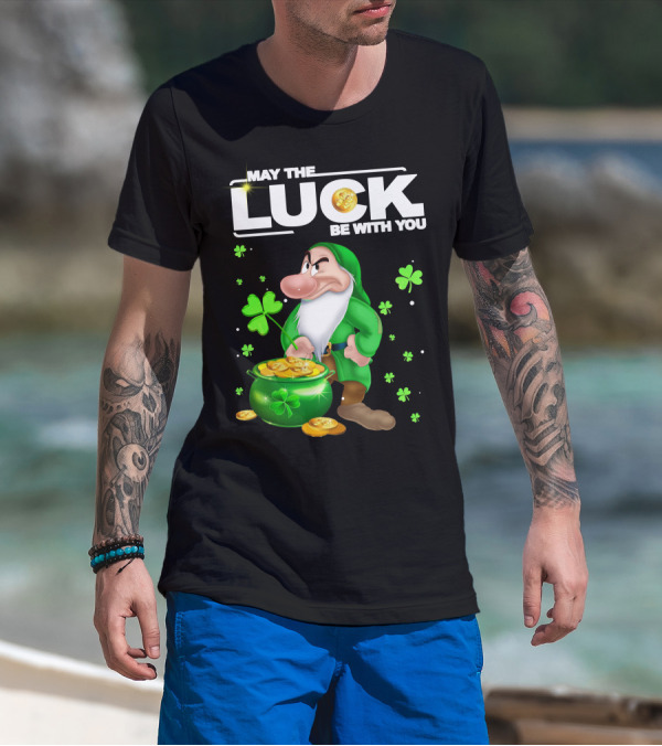 MAY THE LUCK BE WITH YOU Grumpy Gnome With Coins And Clovers T-Shirt