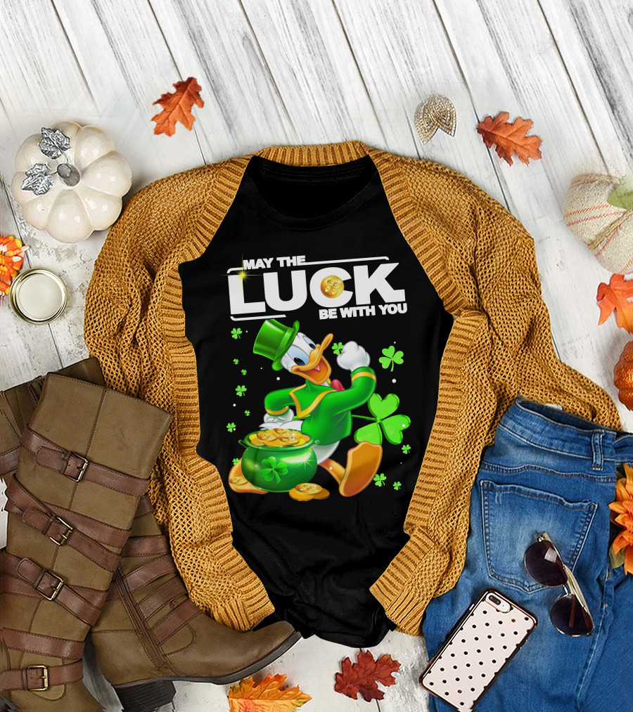 May the Luck Be With You Donald Duck St. Patrick's Day Gold Coins and Clover T-Shirt