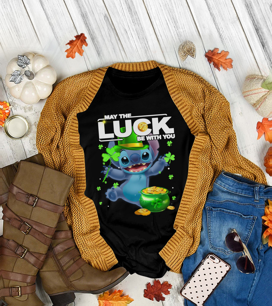 May the Luck Be with You Stitch Pot of Gold Shamrocks T-Shirt