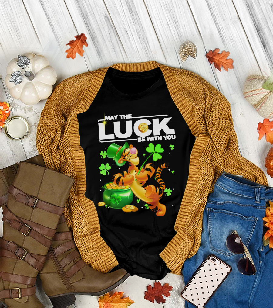 May the Luck Be with You Tigger with Pot of Gold and Shamrocks T-Shirt