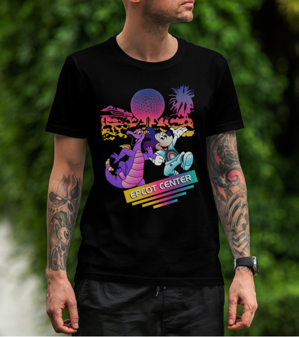 EPCOT CENTER Figment And Mickey Spaceship Earth Retro Spectrum Colors T-Shirt