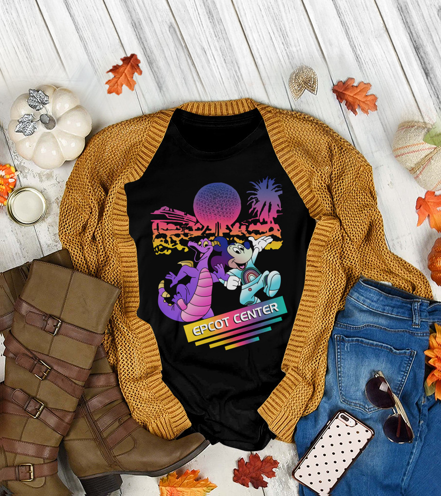 EPCOT CENTER Figment and Mickey Spaceship Earth Retro Spectrum Colors T-Shirt