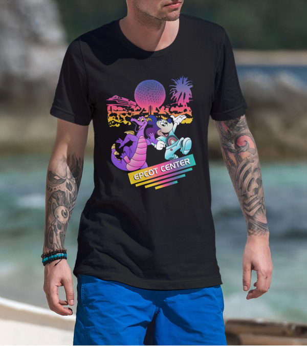 EPCOT CENTER Figment And Mickey Spaceship Earth Retro Spectrum Colors T-Shirt