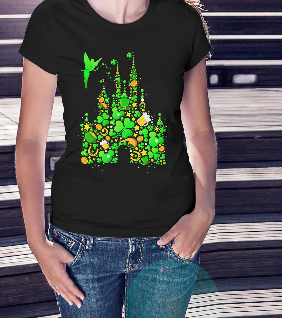 Disney Castle St. Patrick's Day Tinkerbell Leprechaun Hat Clover Coins Beer T-Shirt