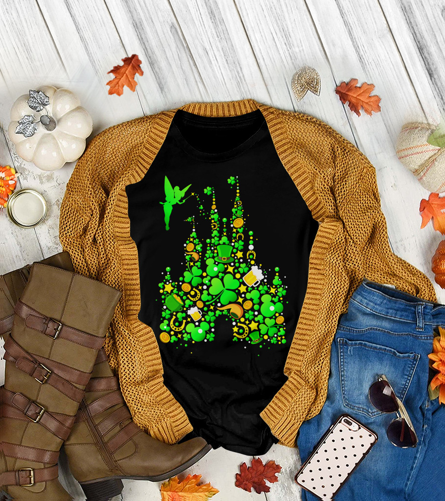 Disney Castle St. Patrick's Day Tinkerbell Leprechaun Hat Clover Coins Beer T-Shirt