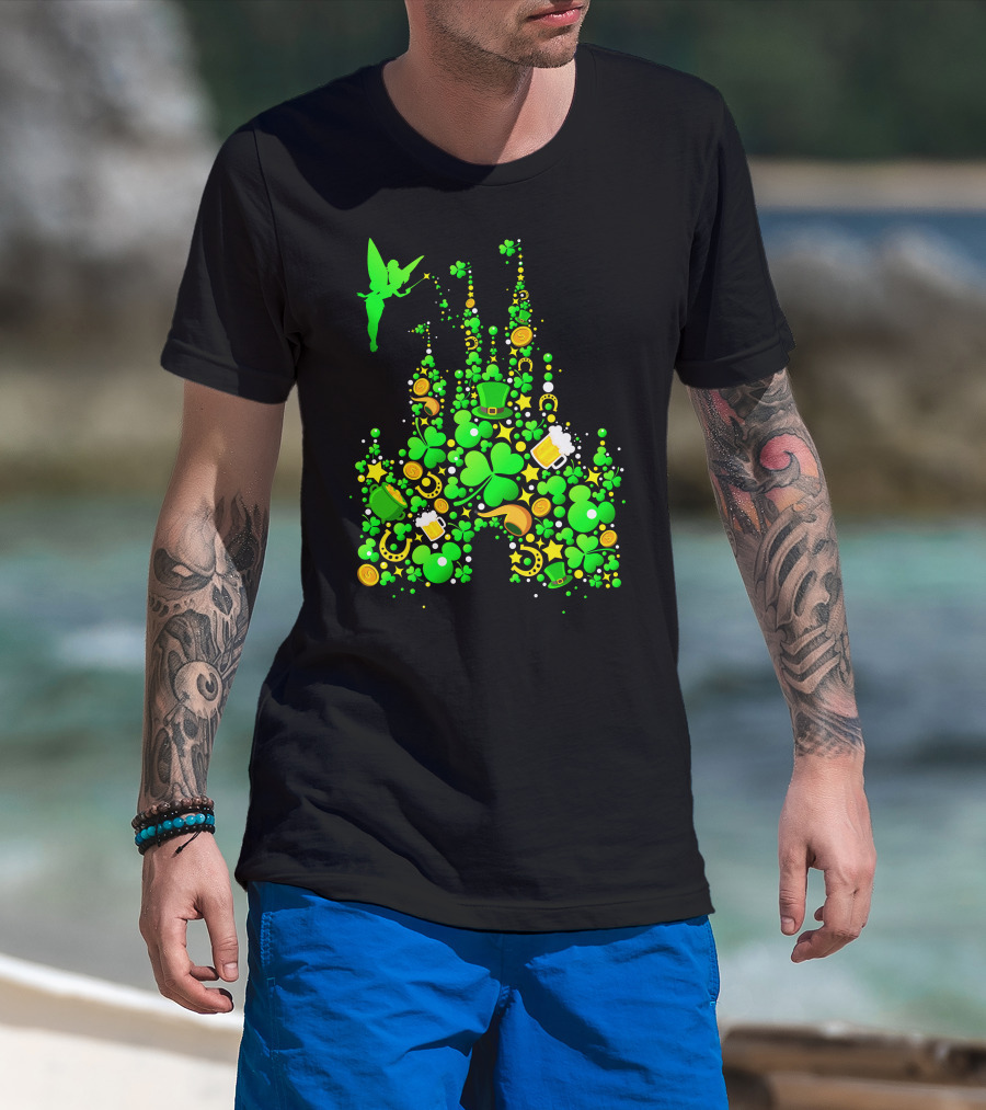 Disney Castle St. Patrick's Day Tinkerbell Leprechaun Hat Clover Coins Beer T-Shirt