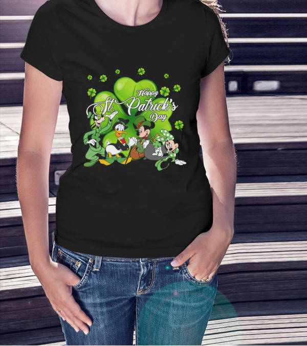 Happy St. Patrick's Day Mickey Mouse Donald Duck Goofy Minnie Mouse With Shamrocks T-Shirt
