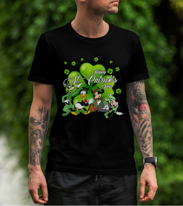 Happy St. Patrick's Day Mickey Mouse Donald Duck Goofy Minnie Mouse With Shamrocks T-Shirt