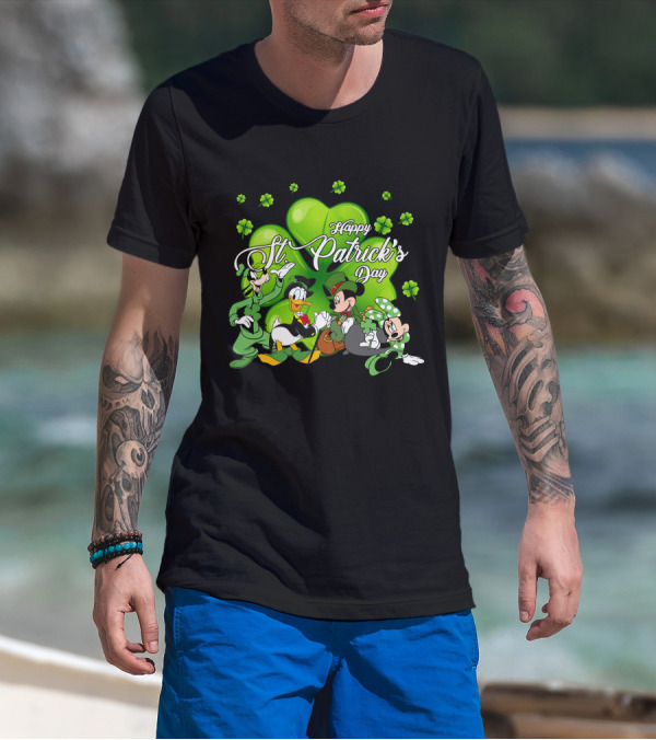 Happy St. Patrick's Day Mickey Mouse Donald Duck Goofy Minnie Mouse With Shamrocks T-Shirt