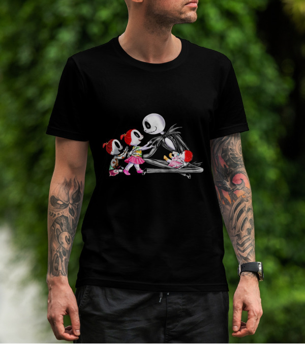 Jack Skellington And 3 Girls Halloween Scene T-Shirt