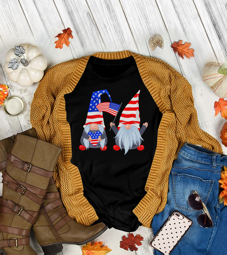 4th Of July Patriotic Gnomes with American Flags and Stars and Stripes Hats T-Shirt